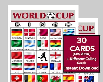 World Cup Football Bingo, World Cup Soccer Bingo, Football World Cup, World Cup Bingo, Soccer Party, Instant Download, 30 Different Cards