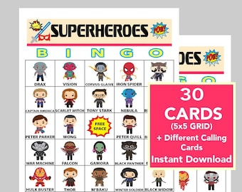 Superhero, Superhero Bingo Game, Kids Bingo,  Party Bingo, Superhero Games, Instant Download, Printable,  30 Different Cards