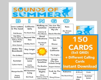 Música de verano, Éxitos de verano, Fiesta de verano, Descarga digital, Juegos de bingo, Juegos imprimibles, 150 cartones de bingo diferentes