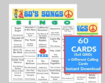 60's Music Hits Bingo Spiel, 60 einzigartige Karten (Digitaler Download)