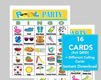 Pool Party, Pool Party Games, Instant Digital Download, Printable Games, Summer Fun Activities, 16 Different Cards, Calling Cards