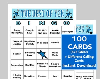 May include: A blue and white bingo card with the title "The Best of Y2K" and a list of popular songs from the year 2000. The card is part of a set of 100 bingo cards with different calling cards. The text "Instant Download" is also included.