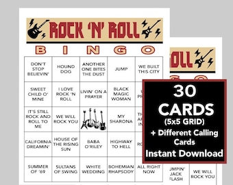 Rock 'n' Roll Bingo Game, 30 Cards, Music Party (Instant Download)