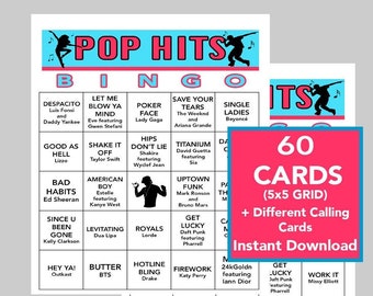 POP Music Hits, POP Music Party, Digital Download, Bingo Games, Printable Games, Virtual Games, 60 Different Bingo cards, Spotify Playlist