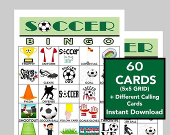 Könnte beinhalten: Ein druckbarer Satz von 60 Fußball-Bingo-Karten, jede mit einem 5x5-Raster von Fußball-Bildern und Wörtern. Die Karten zeigen Bilder von Fußbällen, Schuhen, Trophäen, Torhütern und mehr. Der Text auf den Karten enthält Sätze wie "Fußball ist mein Leben" und "Fußball-Mama".