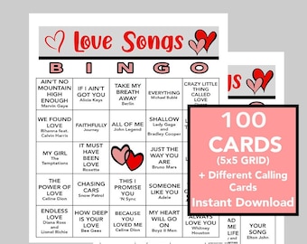 Love Songs Music Bingo Game, 100 Cards, Valentine's Day (Digital Download)