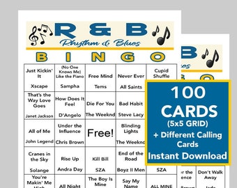 R&B Music Hits, Rhythm and Blues Party, Digital Download, Bingo Games, Printable Games, 100 Unique Bingo cards, Spotify Playlist Included