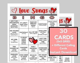 Love Songs, Love Song Bingo, Valentine&#39;s Day, Music Party, Digital Download, Bingo Games, Printable Games, 30 Bingo cards, Spotify Playlist