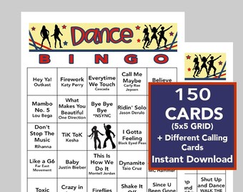 Dance, Dance Music Hits, Dance Party, Dance Bingo, Instant Digital Download, Bingo Games, Spotify Playlist access, 150 Different Bingo cards
