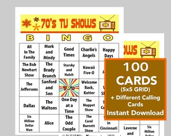 70's TV Shows, 70's TV Bingo Music, Easy Instant Digital Download, Bingo Games, Printable Games, 100 Different Bingo cards, Spotify