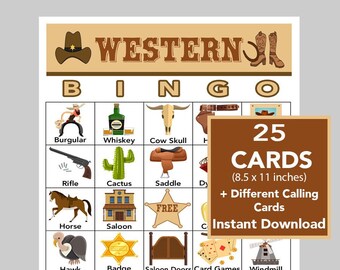 Wild West, Western,  Bingo printable PDFs, digital download, Call List Included, Seniors Fun,  1 card per 8.5&quot; x 11&quot; sheet, 25 Unique Cards
