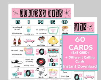 Gra bingo z hitami muzycznymi z lat 50., 60 kart do druku (do pobrania w wersji cyfrowej)