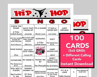 Hiphopmuziek, hiphopmuziekfeest, instant digitale download, bingogames, afdrukbare games, 100 verschillende bingokaarten, Spotify-afspeellijst