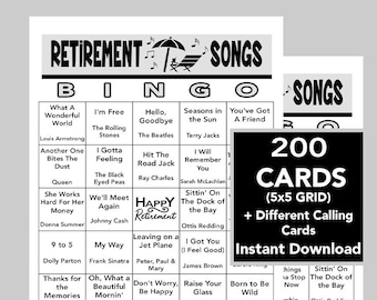 Retirement, Retirement Bingo,  Retirement Music Hits, DANCE Party, Digital Download, Bingo Games, 200 Bingo cards, Spotify Playlist