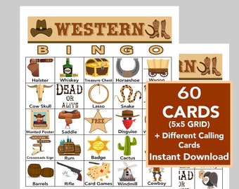 Wild West, Western,  5x5 Bingo printable PDFs, Instant Digital Download, Call List Included, 60 Unique Cards