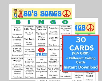 Tubes des années 60, fête des années 60, anniversaire des années 60, téléchargement numérique instantané, jeux de bingo, liste de lecture Spotify incluse, 30 cartes de bingo différentes