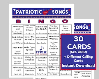 Patriotic Songs Bingo, 30 Cards, USA Party Game (Digital Download)