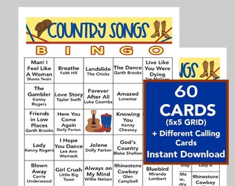 Country Music Hits, Country Music Party, Digital Download, Bingo Games, Printable Games,  60 Different Bingo cards, Spotify Playlist