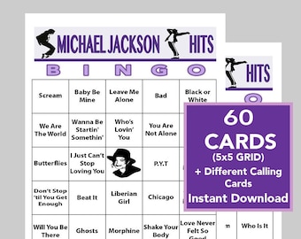 Michael Jackson, éxitos musicales, fiesta musical, música de Michael Jackson, descarga digital, juegos de bingo, lista de reproducción de Spotify incluida, 60 tarjetas de bingo