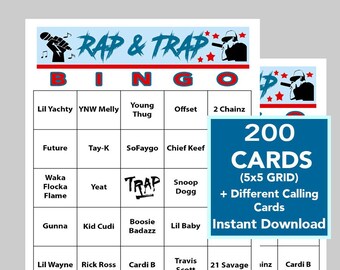 Rap Music, Trap Music, Rap and Trap Bingo, Music Games, Rap and Trap Music, Digital Download, 200 Bingo cards, Spotify Playlist Included