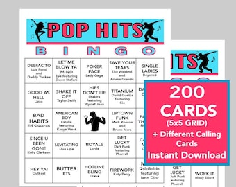 POP Music Hits, POP Music Party, Digital Download, Bingo Games, Printable Games, 200 Different Bingo cards, Music Playlist