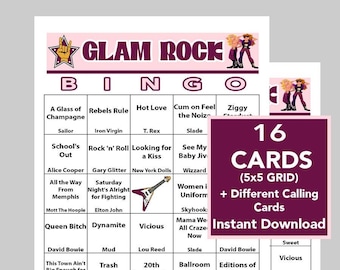 Glam Rock, 70's Rock 'n' Roll Bingo, Music Games, Rock 'n' Roll Party, Instant DIGITAL DOWNLOAD, 16 Bingo cards, Spotify Playlist Included