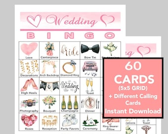 May include: A printable wedding bingo card game with 60 cards in a 5x5 grid. The cards feature watercolor illustrations of wedding-related items like a bride, bow tie, champagne, and a ring bearer pillow. The text "60 CARDS (5x5 GRID) + Different Calling Cards Instant Download" is on the right side of the image.
