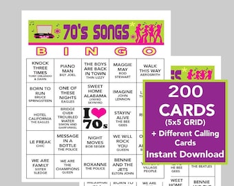 Éxitos musicales de los 70, fiesta de los 70, cumpleaños de los 70, descarga digital instantánea, juegos de bingo, lista de reproducción de Spotify, 200 tarjetas de bingo diferentes, enlace de Spotify
