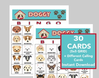 Dogs, Doggie Bingo, Instant Digital Download, Bingo Games, Printable Games, Birthday Party Games, 30 Different cards, Calling Cards