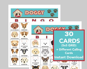 Dogs, Doggie Bingo, Instant Digital Download, Bingo Games, Printable Games, Birthday Party Games, 30 Different cards, Calling Cards