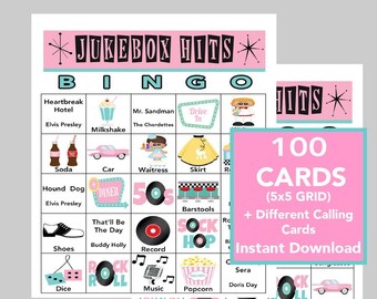 50's Music Hits Bingo Game, 100 Cards (Digital Download)