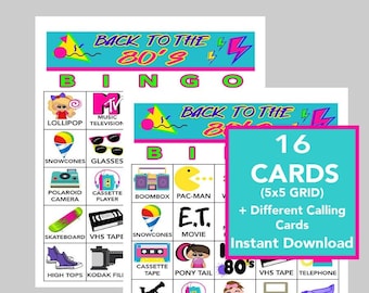 80's Bingo, 80's Throwback, 80's Birthday, Instant Digital Download, Bingo Games, Printable Games, 16 Different Bingo cards