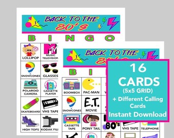 80er Jahre Party Bingo Spiel, Druckbare Karten (Digitaler Download)