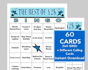 2000 muziekhits, 2000's muziekfeest, Y2K-hits, verjaardagsbingo, directe digitale download, Spotify-afspeellijst inbegrepen, 60 unieke bingokaarten