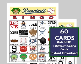 Baseball Bingo Game, Sports Bingo,  Party Bingo, Baseball Games, Fun Games for Kids, Instant Download, 60 Cards