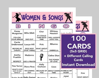 Bingo de mujeres y canciones, música para mujeres, canciones para niñas, cartones de bingo de 5'x5', descarga digital, 100 cartones diferentes, diversión para todos, lista de reproducción de Spotify