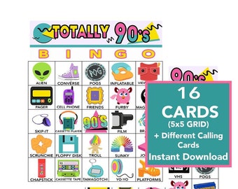 90's ITEMS,  90's Birthday party, 90's Bingo Game, Digital Download, Bingo Games, Printable Games, Virtual Games, 16 Bingo cards