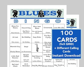 Blues Music, Blues Hits, Blues Music Bingo, download digital, jogos para impressão, 100 cartões de bingo diferentes, link da lista de reprodução do Spotify incluído
