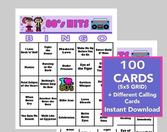 80s Music Bingo Game, 100 Cards, Party Game (Digital Download)