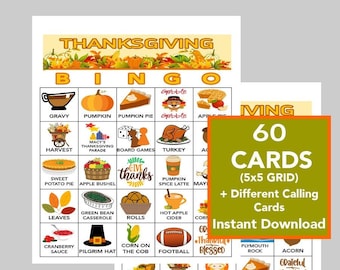 Thanksgiving Bingo Spiel, 60 Karten, Familienspaß (Digitaler Download)