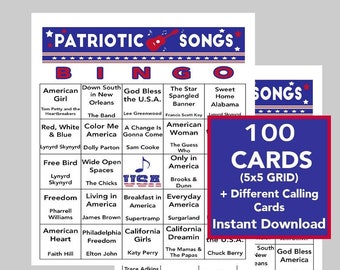 Bingo de canciones patrióticas, Bingo del Día de los Caídos, Bingo del 4 de julio, Bingo de canciones de EE. UU., 100 tarjetas de bingo diferentes, enlace de Spotify incluido