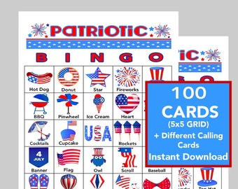 Patriotic Bingo Cards: 100 Printable 4th of July Game (Digital Download)