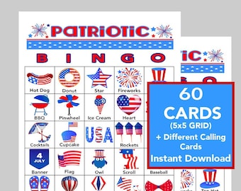 Patriotic Bingo Cards, 60 Unique Designs (Digital Download)