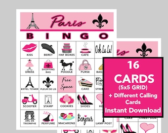 Paris, France, Paris Party Bingo, Paris Games, Digital Download, Bingo Games, Printable Games, 16 Different cards