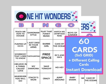 One Hit Wonder Music, One Hit Wonder Songs, 60 Unique Bingo cards, Instant Download, Bingo Games, Call List and Spotify Playlist included