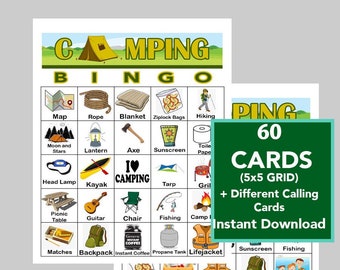 Camping Bingo, Camping Games, Kids Camping, Instant Digital Download, Bingo Games, Printable Games, 60 Unique cards