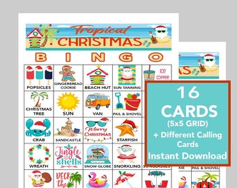 Natale tropicale, Natale al sud, Bingo di Natale, Gioco per feste, Download digitale istantaneo, 16 carte diverse