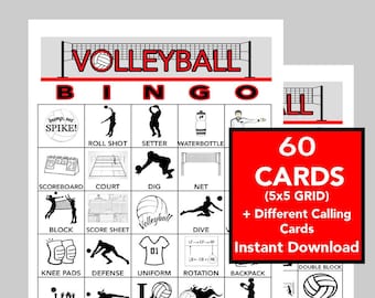 Jogo de Bingo de Vôlei, Bingo Esportivo, Bingo de Festa, Jogos de Vôlei, Lista de Chamadas Incluída, Download Instantâneo, 60 Cartões Diferentes