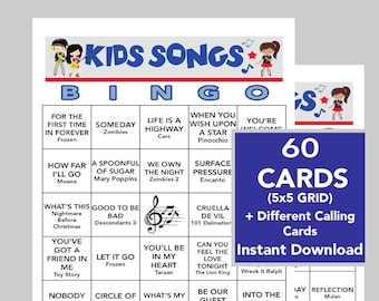 Kids Music, Kids Songs, Kids Music Bingo, Digital Download, Bingo Games, Printable Games,  60 Different Bingo cards, Spotify Playlist