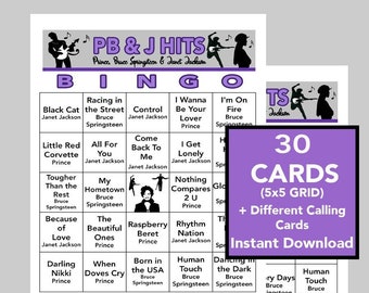 Hits musicaux, Music Party, Prince, Bruce Springsteen, Janet Jackson, Téléchargement numérique, Jeux de bingo, Jeux imprimables, 30 cartes de bingo